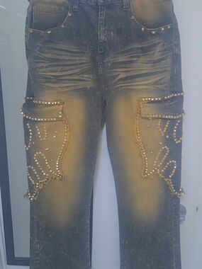 Men's Black Distressed Wide-Leg Jeans with Studded Pocket Panels